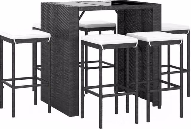 Set da bar da giardino Outsunny in polyrattan nero con 7 pezzi e cuscini bianchi