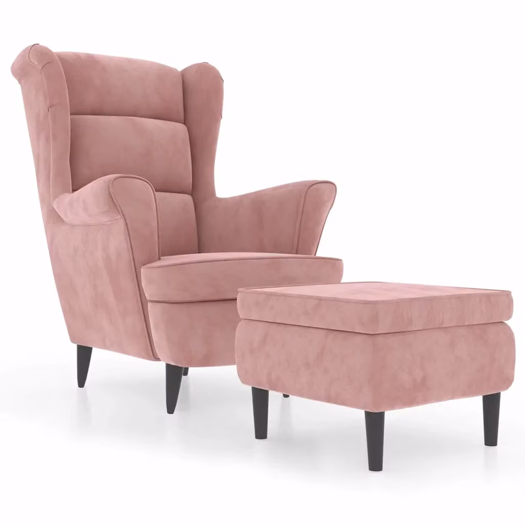 Poltrona relax moderna con schienale ad ala e poggiapiedi coordinato in velluto rosa con struttura in legno, L: 96.5 cm, P: 78 cm, H: 90 cm – 2