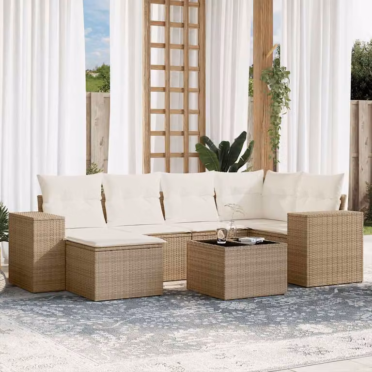 vidaXL Set Divani da Giardino 7 pz in Polyrattan con Cuscini Beige e Tavolino da Esterno