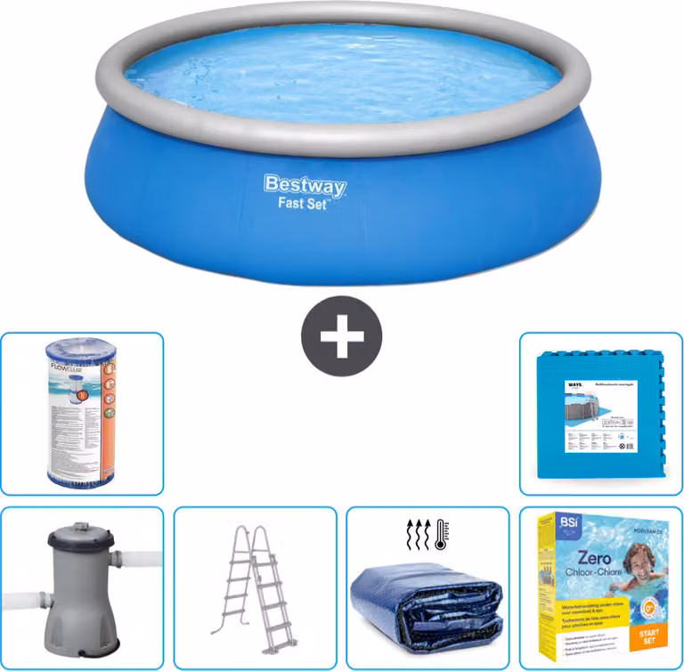Piscina gonfiabile rotonda Bestway a presa rapida - 457 x 122 cm - blu - pompa inclusa - scaletta - tenda da sole - pacchetto manutenzione - filtro - pavimento in piastrelle