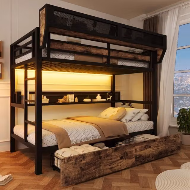 Letto a castello 90 x 200 cm; struttura in ferro; ripiano; cesto contenitore; 2 cassetti in ferro; illuminazione LED; nero