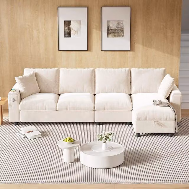 Divano angolare in L - Xylo - Chenille, USB-C, tavolo ribaltabile, beige
