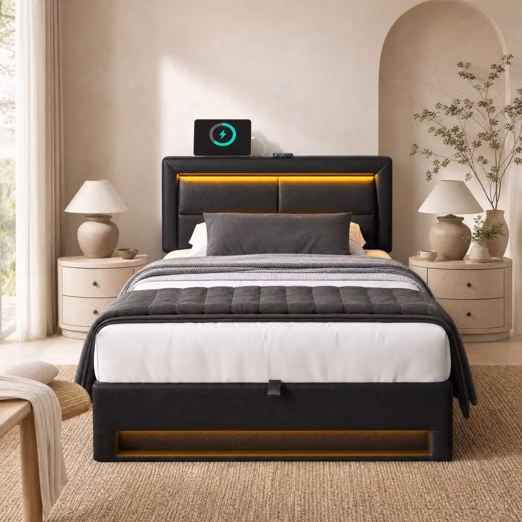 Letto singolo con contenitore Mivray nero imbottito in ecopelle con illuminazione LED, porte USB e ricarica wireless, L/P: 90 x 200 cm – 2