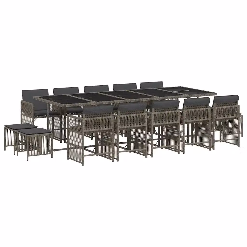 vidaXL Set da Pranzo da Giardino 15 pz in Polyrattan Grigio con Cuscini e Tavolo in Vetro – 2