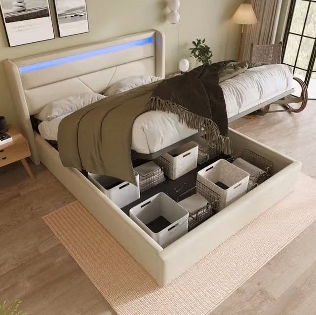 Letto matrimoniale ULEVR 160x200 cm con contenitore idraulico, LED RGB e telecomando, rivestimento in PU bianco