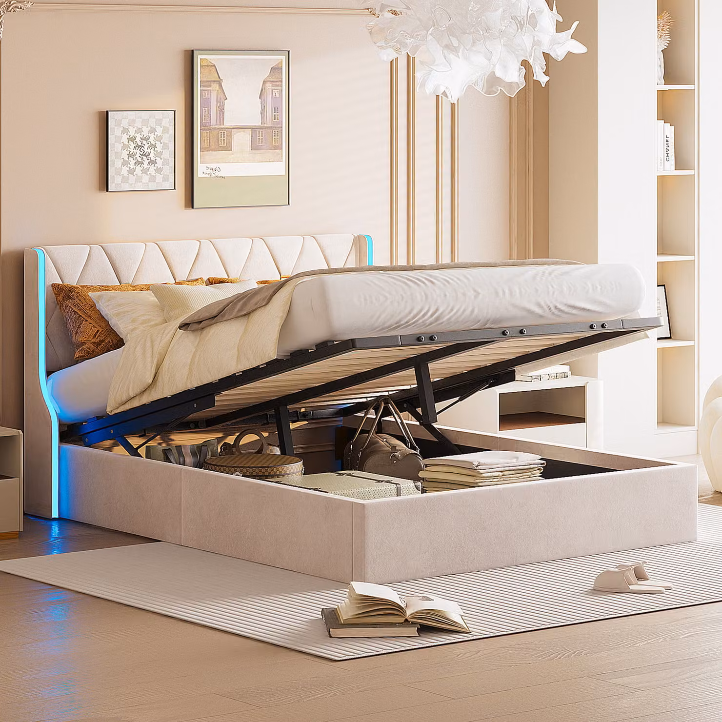 Letto imbottito Fortuna Lai 160x200cm con rete e illuminazione LED, letto a molle idrauliche con testata regolabile in altezza e rete a doghe, letto matrimoniale in velluto letto contenitore per giovani, beige