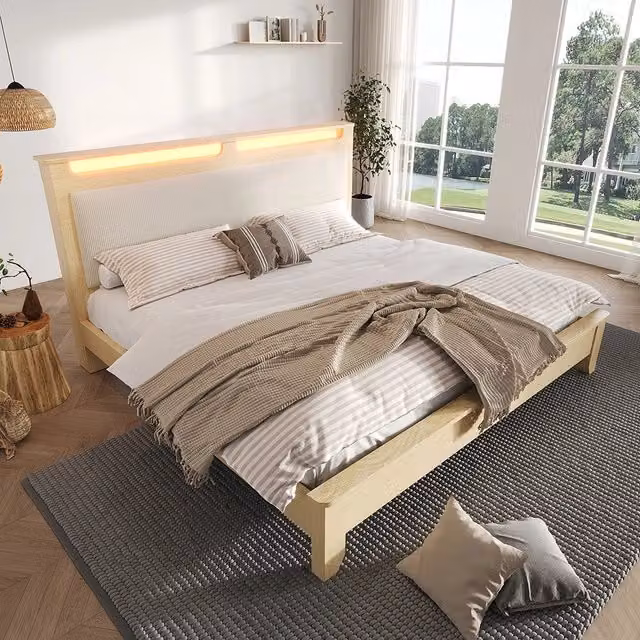 Letto matrimoniale-Xylo-180x200 cm-LED, testiera velluto, quercia chiaro, senza materasso