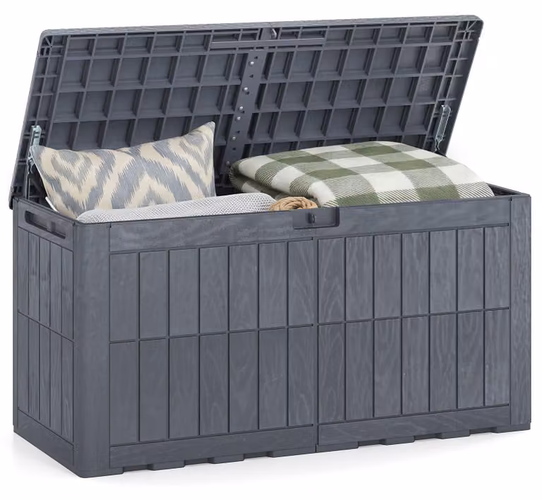 COSTWAY, scatola da giardino per esterni con coperchio chiudibile, capacità 380 litri, contenitore di stoccaggio con molle a gas e maniglie, contenitore resistente agli agenti atmosferici per cuscini, colore grigio