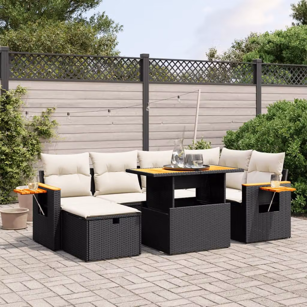 Set di Divani da Giardino a L con Cuscini 7pz vidaXL in Polyrattan Nero e Legno di Acacia – 1