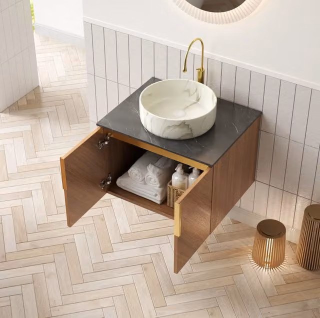 Mobile bagno a 2 ante con lavabo rotondo in ceramica e piano in pietra sinterizzata