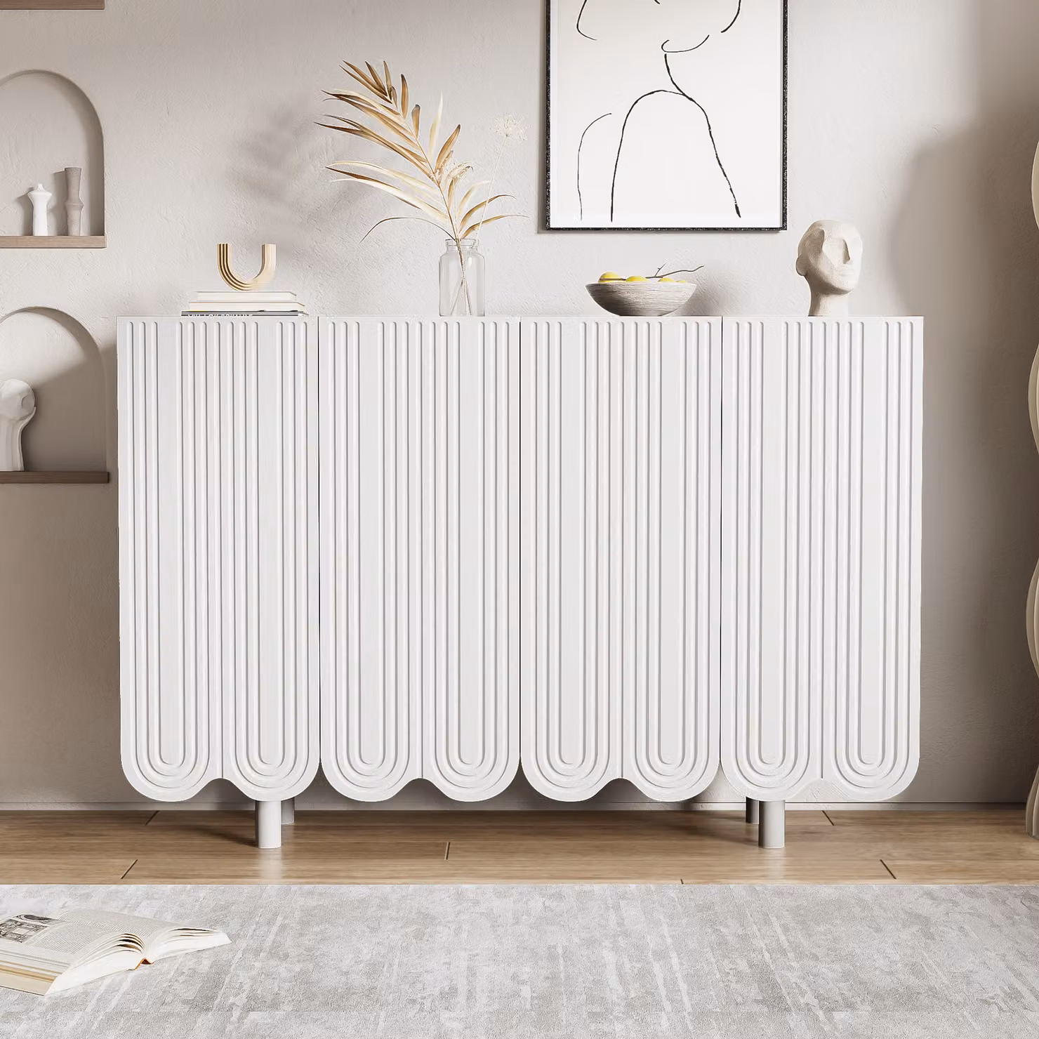 Cassettiera Merax a 4 ante, credenza mobile da soggiorno buffet, L:120cm, bianco