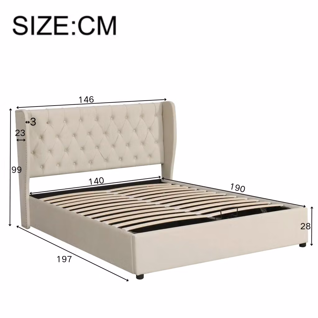 Letto contenitore REDOM in velluto beige con base a sollevamento L: 140 cm, P: 190 cm – 2