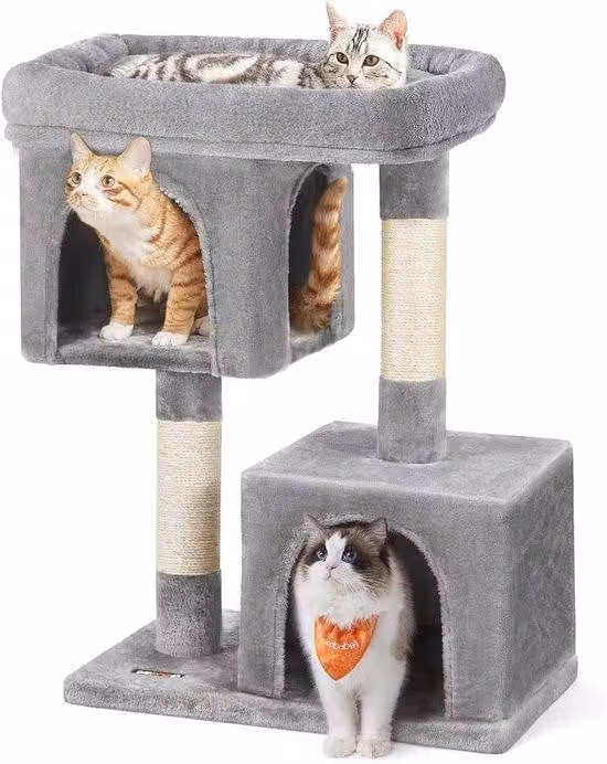 Albero per gatti con tiragraffi in sisal e 2 grotte in peluche - Grigio chiaro