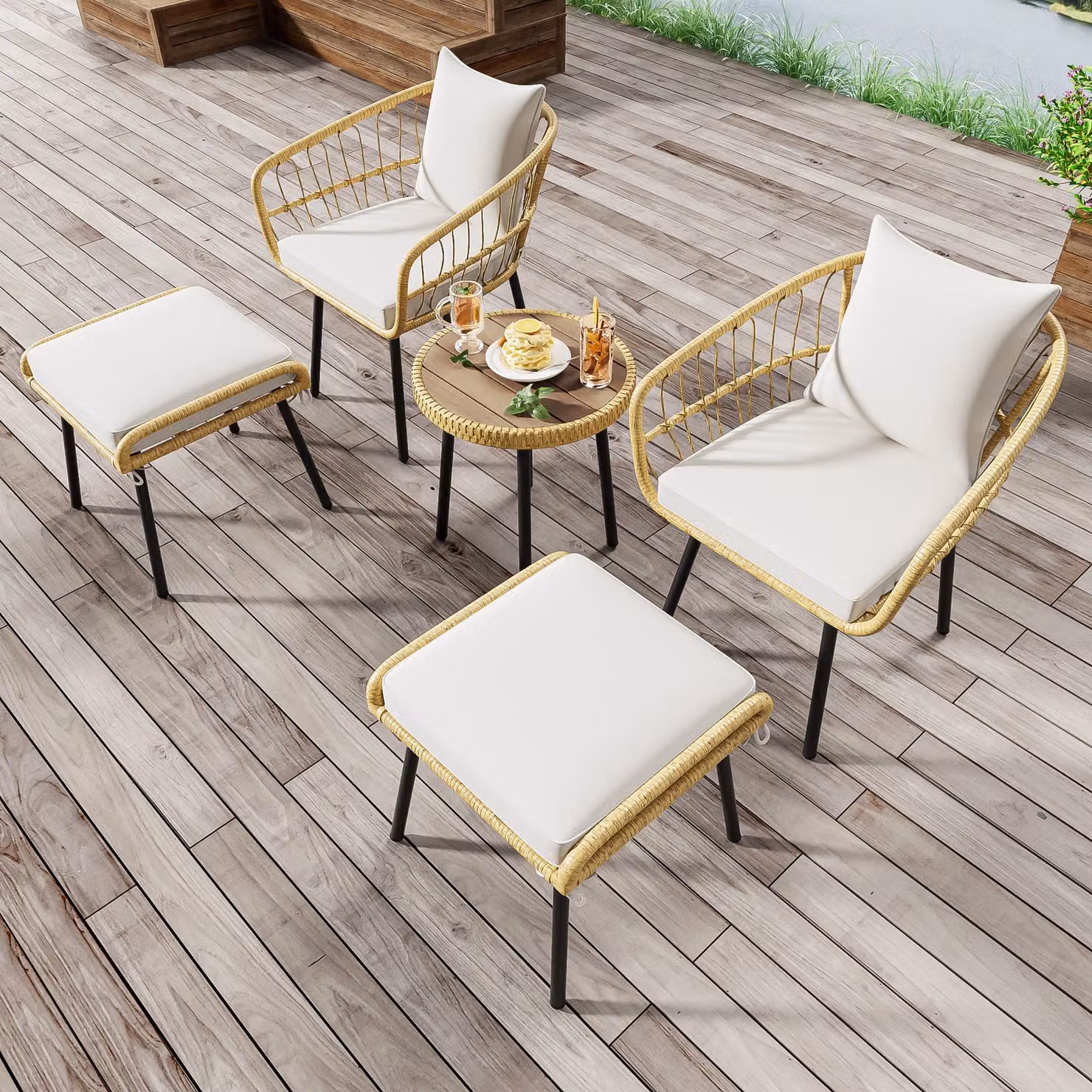 Merax 5 pezzi, mobili da giardino composti da 1 tavolo da pranzo, 2 sedie, 2 sgabelli, set di mobili da giardino in rattan e ferro