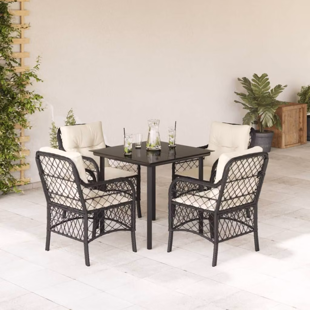 Set da Pranzo da Giardino vidaXL in Polyrattan Nero con Cuscini e Tavolo in Vetro – 1