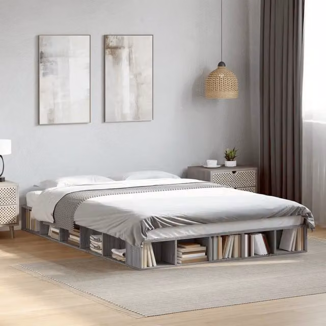 Letto con contenitore e doghe in legno multistrato grigio vidaXL L: 150 cm, P: 200 cm – 1