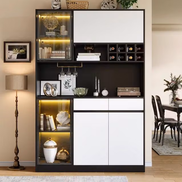 Highboard con LED; vetrina e portabottiglie 120x35x180 cm in MDF Nero/Bianco