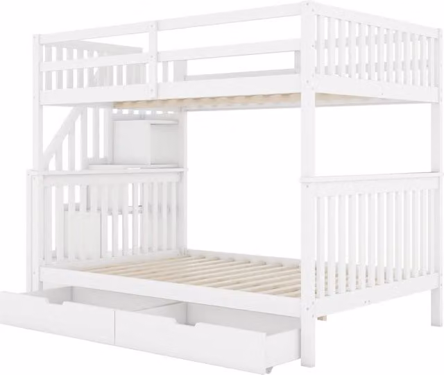 Letto a soppalco 140x200 cm in legno di pino e MDF con scaletta a scaffali e due cassetti, colore bianco