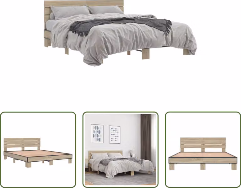 The Living Store Struttura per letto in rovere Sonoma 150x200 cm Materiale a base di legno e metallo