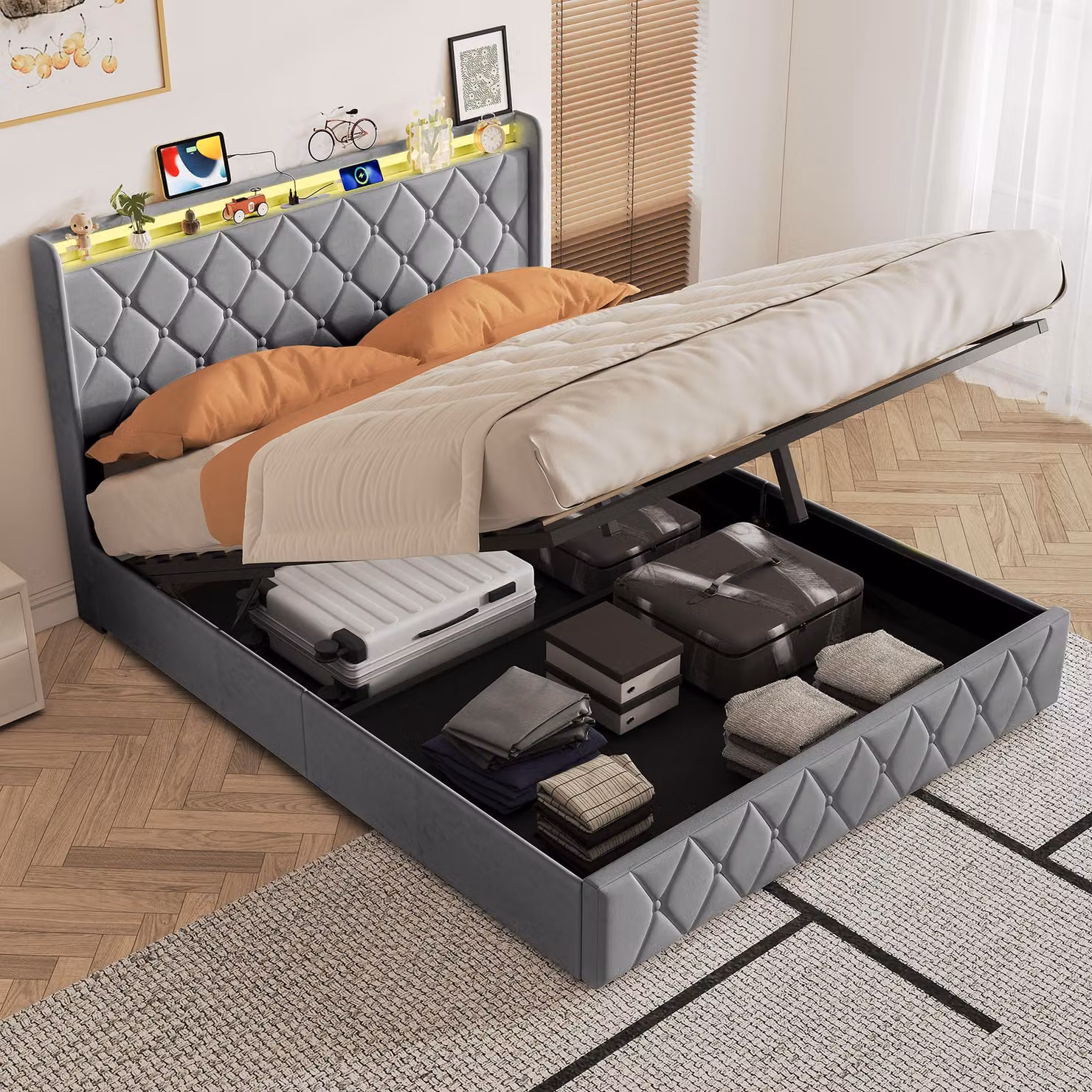 Letto imbottito 160x200 cm con contenitore, luci LED RGB, porta USB-C, sistema di sollevamento idraulico, spazio contenitivo, testiera imbottita, letto matrimoniale grigio