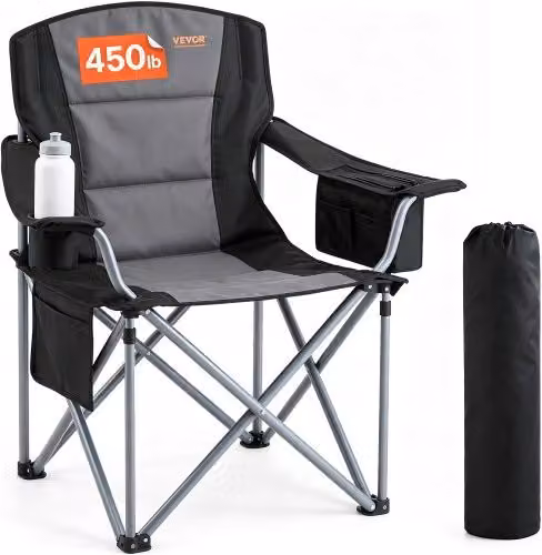 Sedia da campeggio pieghevole VEVOR nera in tessuto Oxford con supporto portabottiglia e braccioli, portata massima 158 kg, L: 98 cm, P: 63 cm, H: 99 cm
