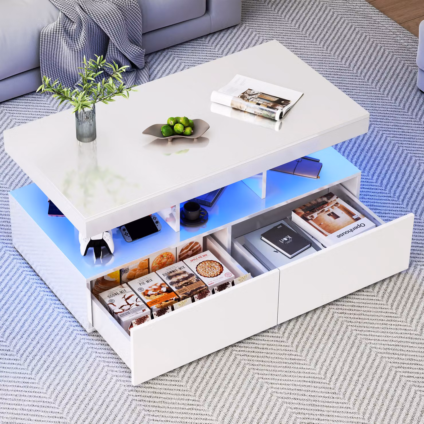 UnboxG Tavolino da salotto lucido con illuminazione a LED e 2 cassetti, 104x53x46 cm - tavolino con vano portaoggetti, cassetto, tavolo da soggiorno, bianco