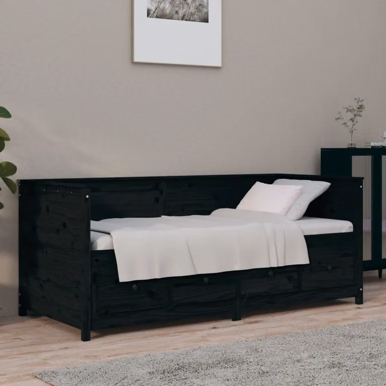 The Living Store Letto da giorno nero 90x190 cm in legno di pino massiccio