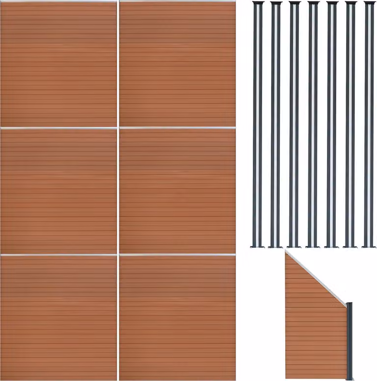 Pannelli divisori in legno-plastica (WPC), 6 pezzi; elemento angolare, 1 pezzo; pali per recinzione con luci a LED, 7 pezzi - colore marrone