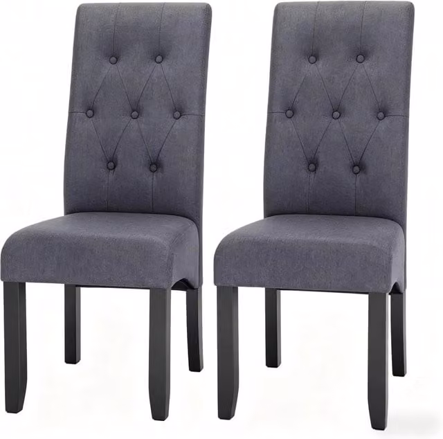 Set da 2 Sedie da Pranzo con Schienale Alto in Legno Massello Verniciato Nero e Rivestimento in Lino