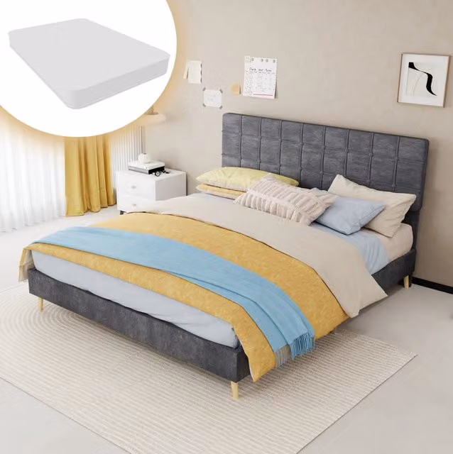Letto matrimoniale 160x200 cm in tessuto grigio con materasso