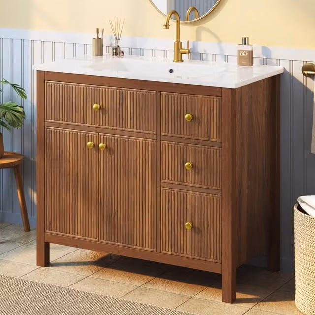 Mobile da bagno - con lavabo in ceramica - cerniere con chiusura ammortizzata - ripiani - 3 cassetti - color noce (rubinetto non incluso)