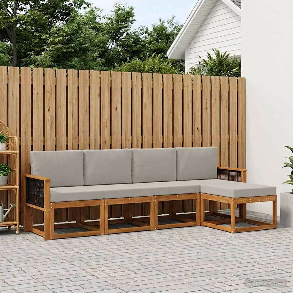 Set di divani da esterno a L vidaXL in legno di acacia con pouf e cuscini, Marrone e Grigio
