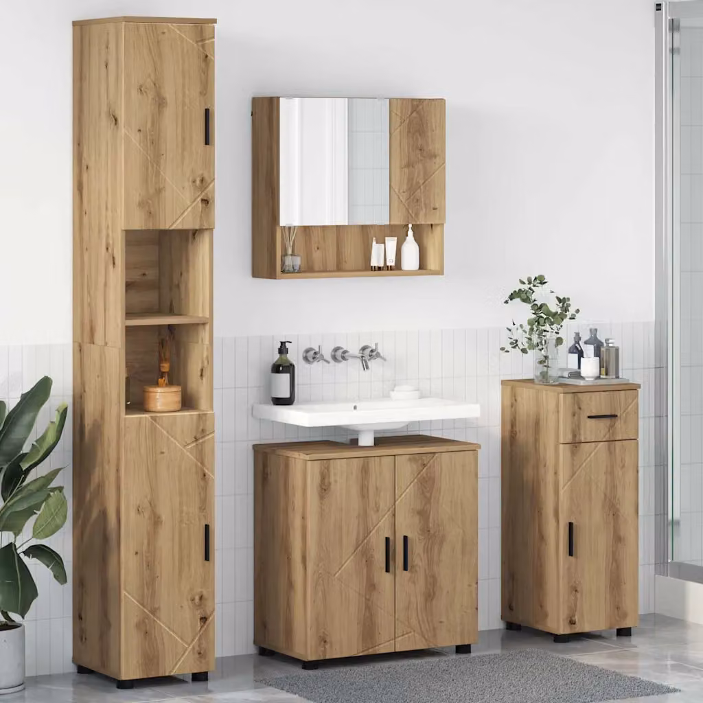 Set di mobili per il bagno moderno vidaXL in legno rovere e metallo nero, composto da mobile lavabo, armadietto con specchio, colonna alta e mobile laterale