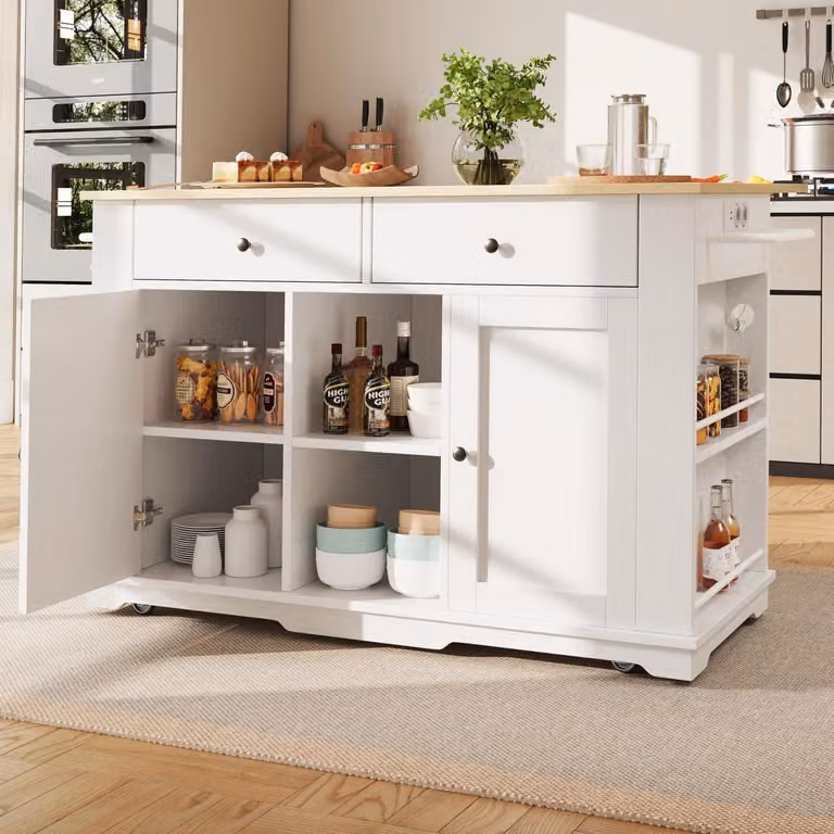 Isola da cucina con ruote, piano di lavoro pieghevole, presa di corrente, 151,5 cm, finitura effetto legno bianco