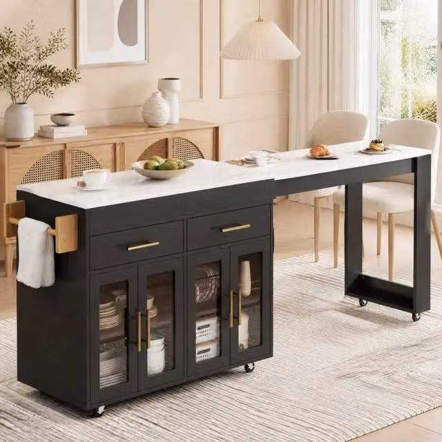Isola da cucina mobile allungabile con piano bar; 132;5-217 x 50 x 93 cm; nero