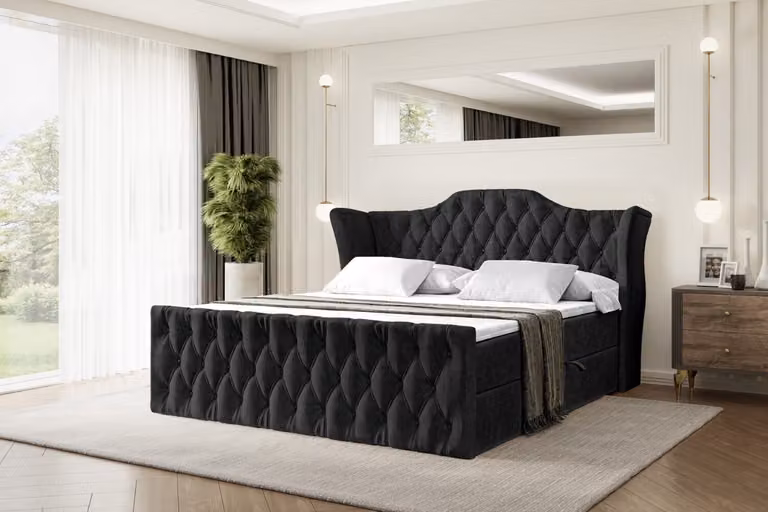 Letto boxspring ALTDECOR VILA-Z, letto imbottito con testiera, contenitore e pediera - Materasso rigido (H4) - 140x200 - Velluto nero