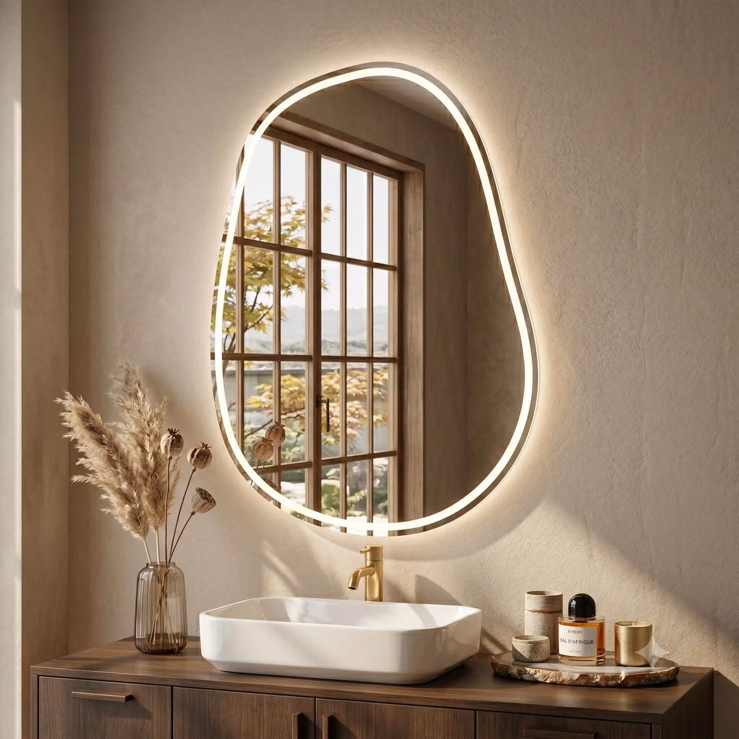 Specchio da bagno LED asimmetrico, 90x60 cm, con dimmer, 3 tonalità di luce, grado di protezione IP44