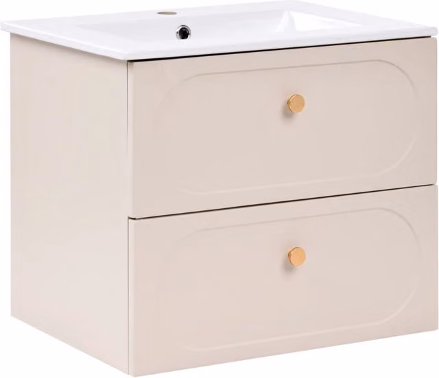 Mobile da bagno sospeso con lavabo in ceramica corpo in MDF beige e 2 cassetti in stile glamour