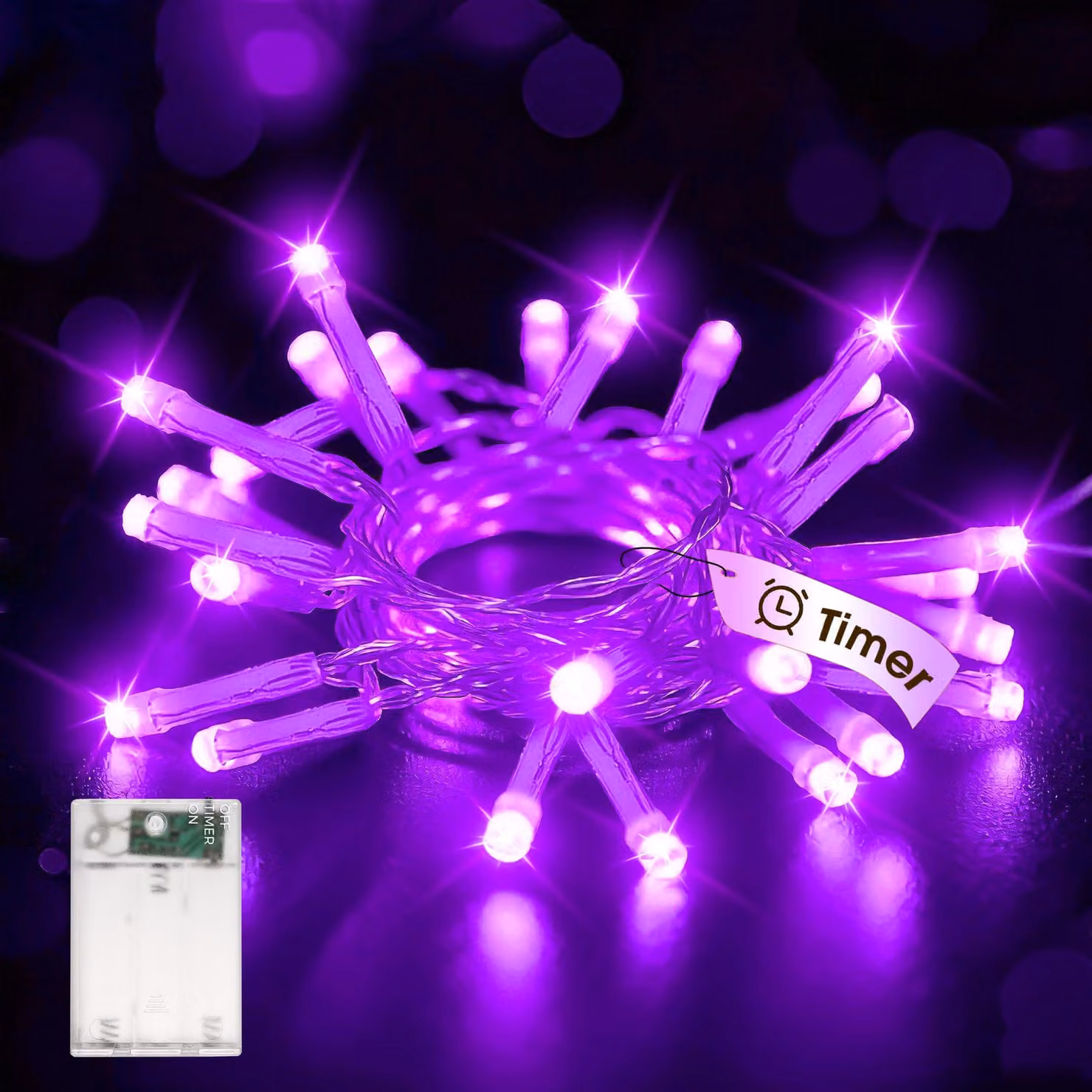 Catena luminosa a LED, 3 metri, 30 lampadine, alimentata a batteria, con timer, color viola