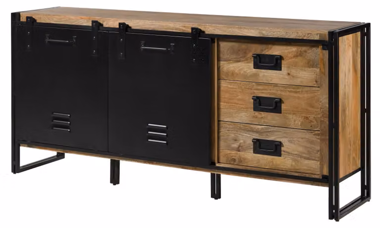 MASSIVMOEBEL24 | Credenza in legno di Mango 195x45x90 laccato chiaro naturale / ferro neroBLACKBURN #107