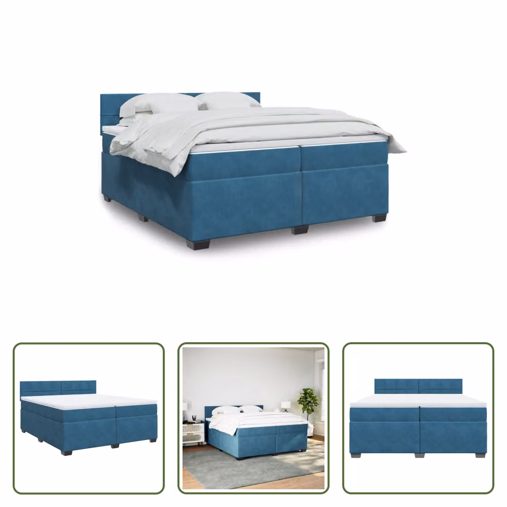 The Living Store Letto a molle con materasso blu 200x200 cm in velluto