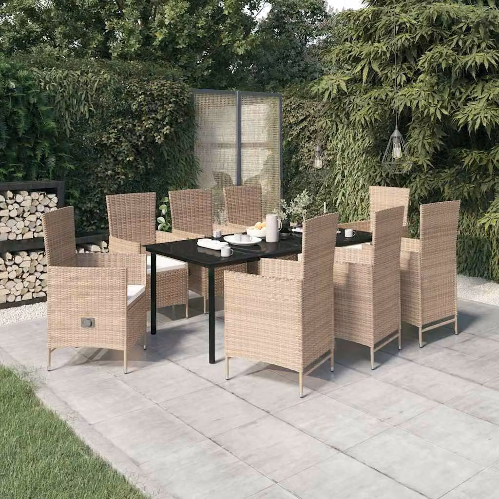 Set da pranzo da giardino vidaXL in polyrattan con cuscini beige e tavolo in vetro, 9 pezzi