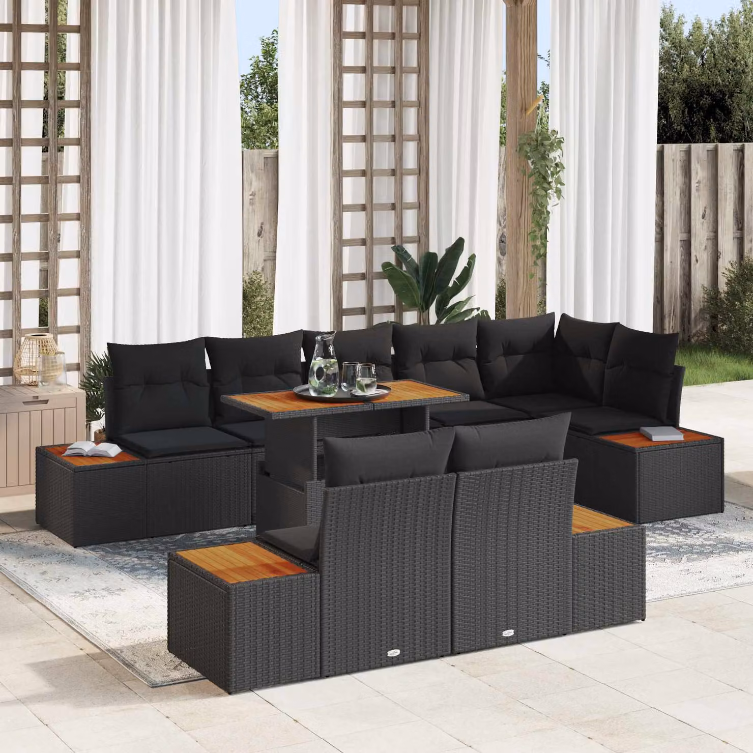 Set Divano da Giardino vidaXL a forma a U in Rattan Nero con Cuscini e Tavolino da Esterno con Contenitore – 1