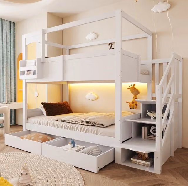 Letto a castello per bambini 90x200 cm in legno; design casetta; bianco; con cassetti e scaletta contenitore