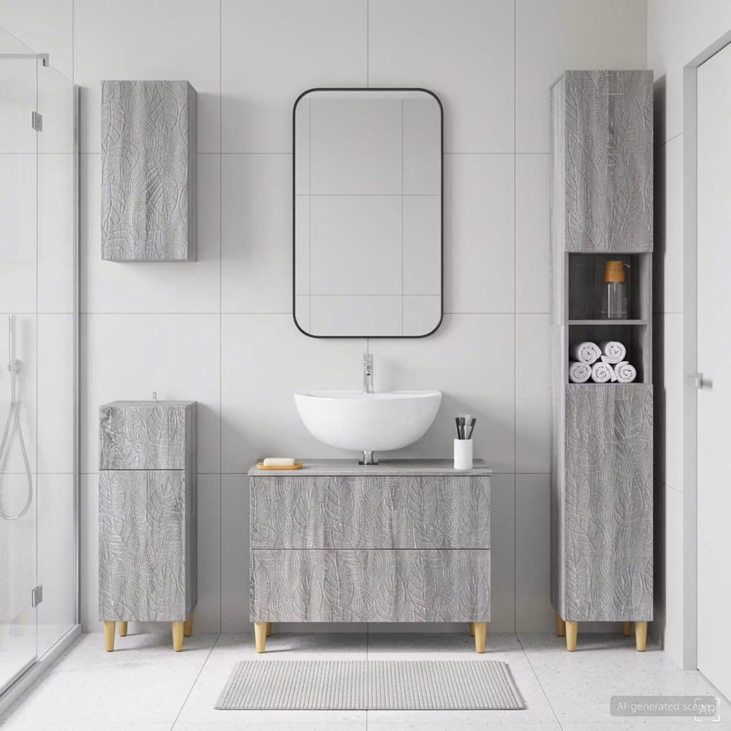 Set di mobili da bagno moderno vidaXL DELFT in legno grigio, composto da 4 pezzi con mobile lavabo e pensili a parete