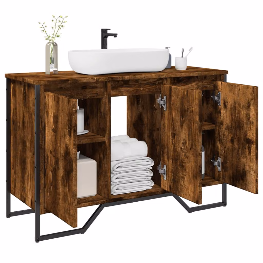 Mobile Lavabo da Bagno vidaXL in Rovere Fumo con Ripiani e Ante, L 91 x P 35 x H 60 cm
