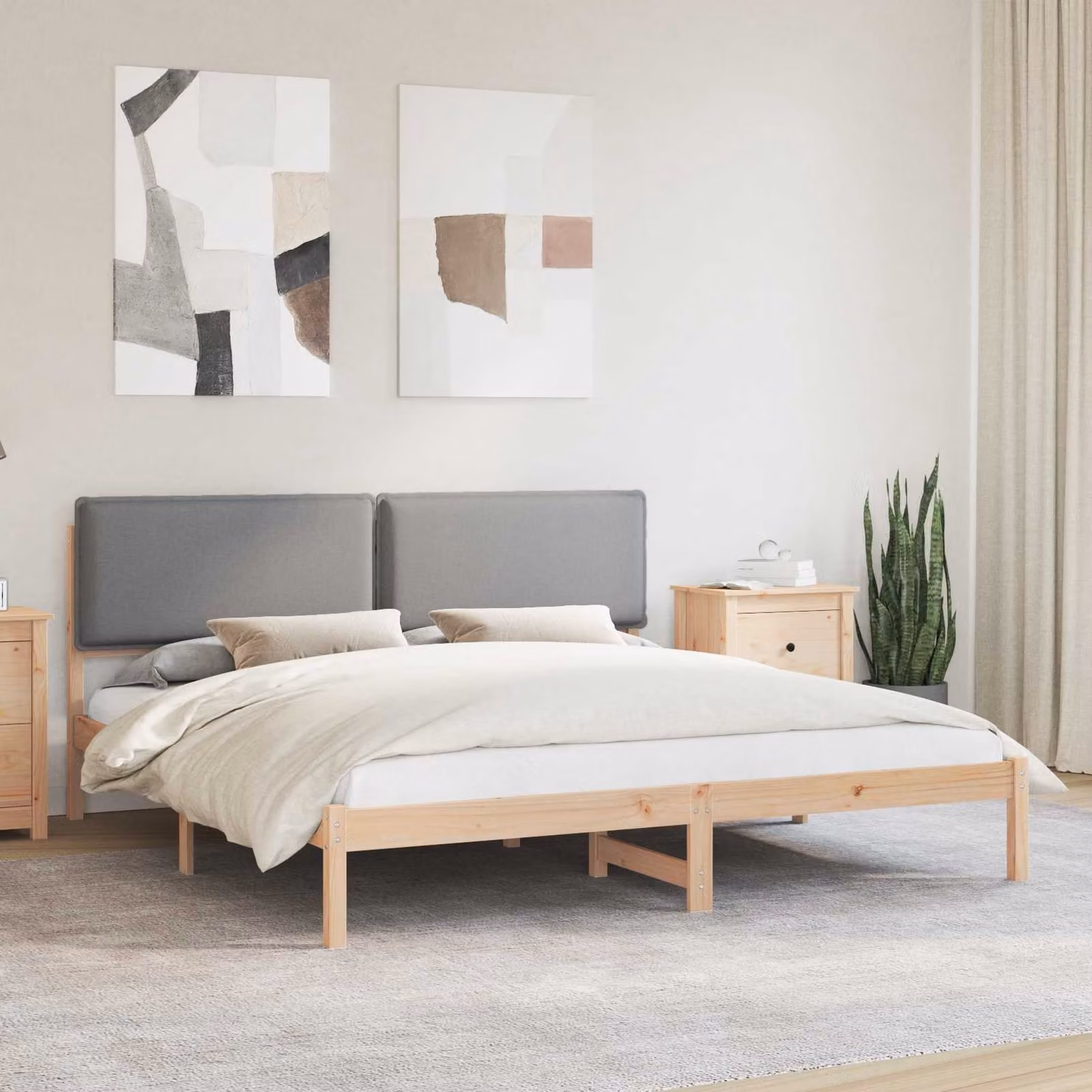 Letto moderno vidaXL con testiera rivestita in tessuto grigio e struttura in legno di pino, 200 x 200 cm – 1