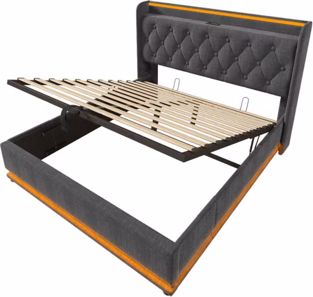 Letto matrimoniale imbottito grigio in lino 160x200 cm con illuminazione LED 360°, testiera con porta USB Tipo C, struttura con contenitore idraulico