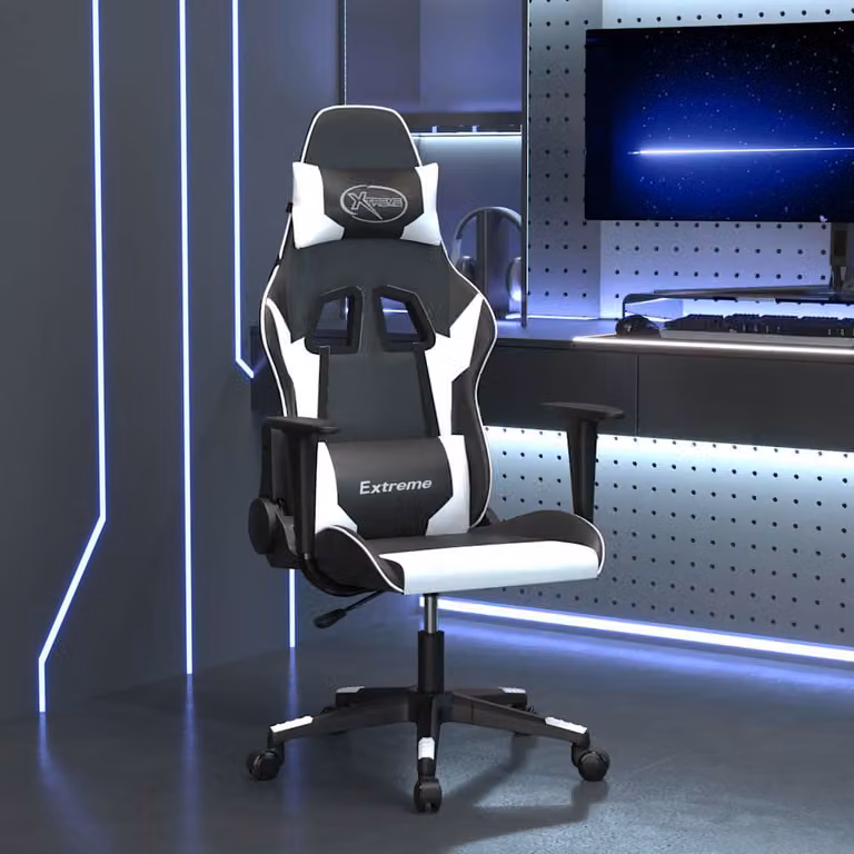 Sedia da Gaming vidaXL in Similpelle Nera e Bianca con Poggiatesta e Ruote, Altezza: 127,5 cm, Larghezza: 66,5 cm, Profondità: 61,0 cm