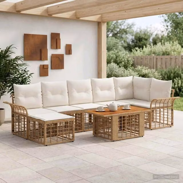 Set Divano da Giardino 8 pz Naturale e Bianco Crema polyrattan 3438002